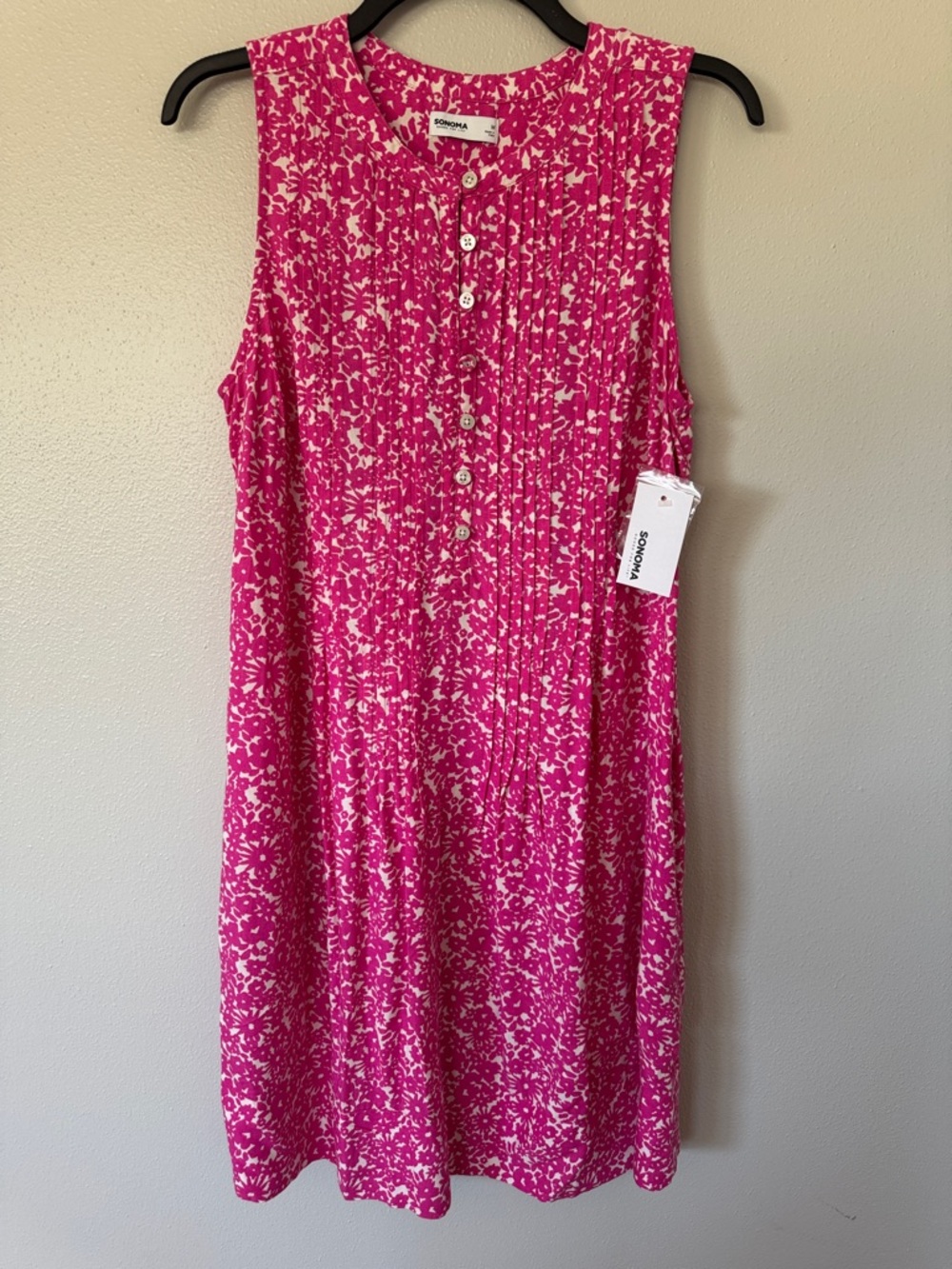 Sonoma Hot Pink and White Floral Sleeveless Button-Front Dress